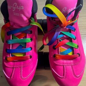 Sure-Grip Cyclone Hot Pink Roller Skates with Rainbow Laces US size 8